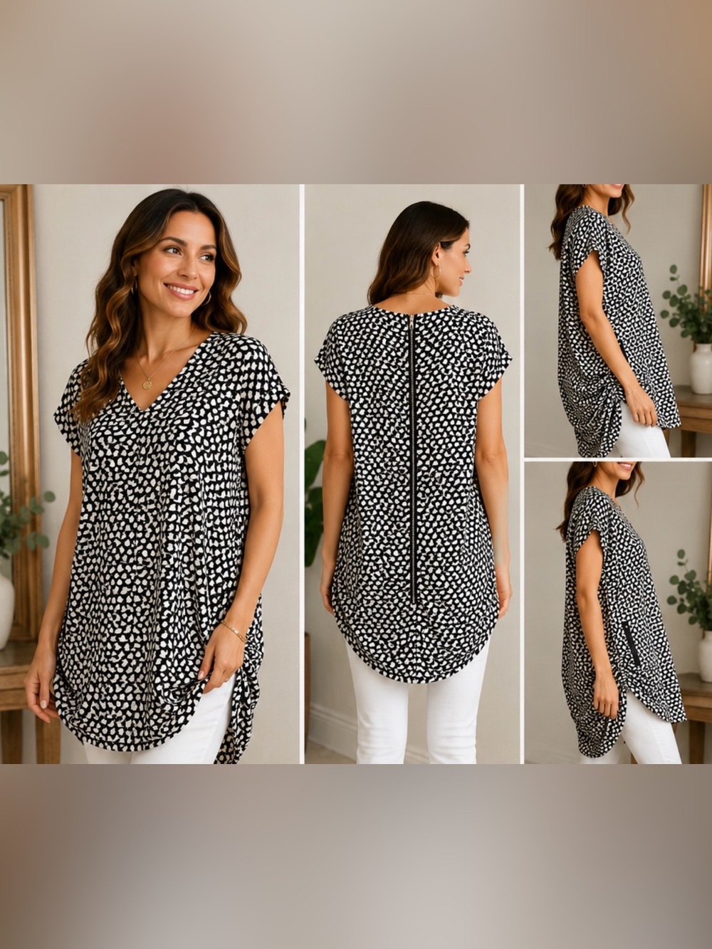 Willa Black White Bird Print Blouse V Neck Back Zip Tunic Top size large
